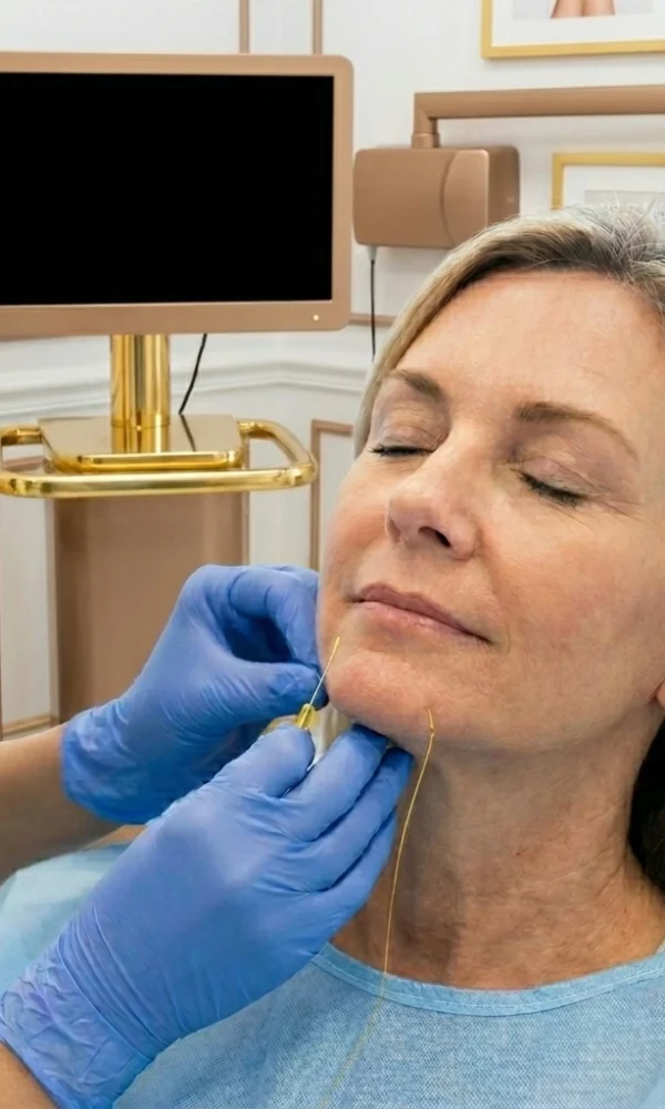 طبيبة تجري عملية شد وجه بالخيوط التجميلية لامرأة في عيادة تجميل متطورة في مصر