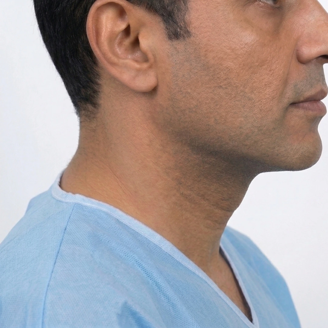 Post operative side profile showing a sharp, defined jawline and projected chin after surgery by Dr  Dina Khalil at Dina Elite 