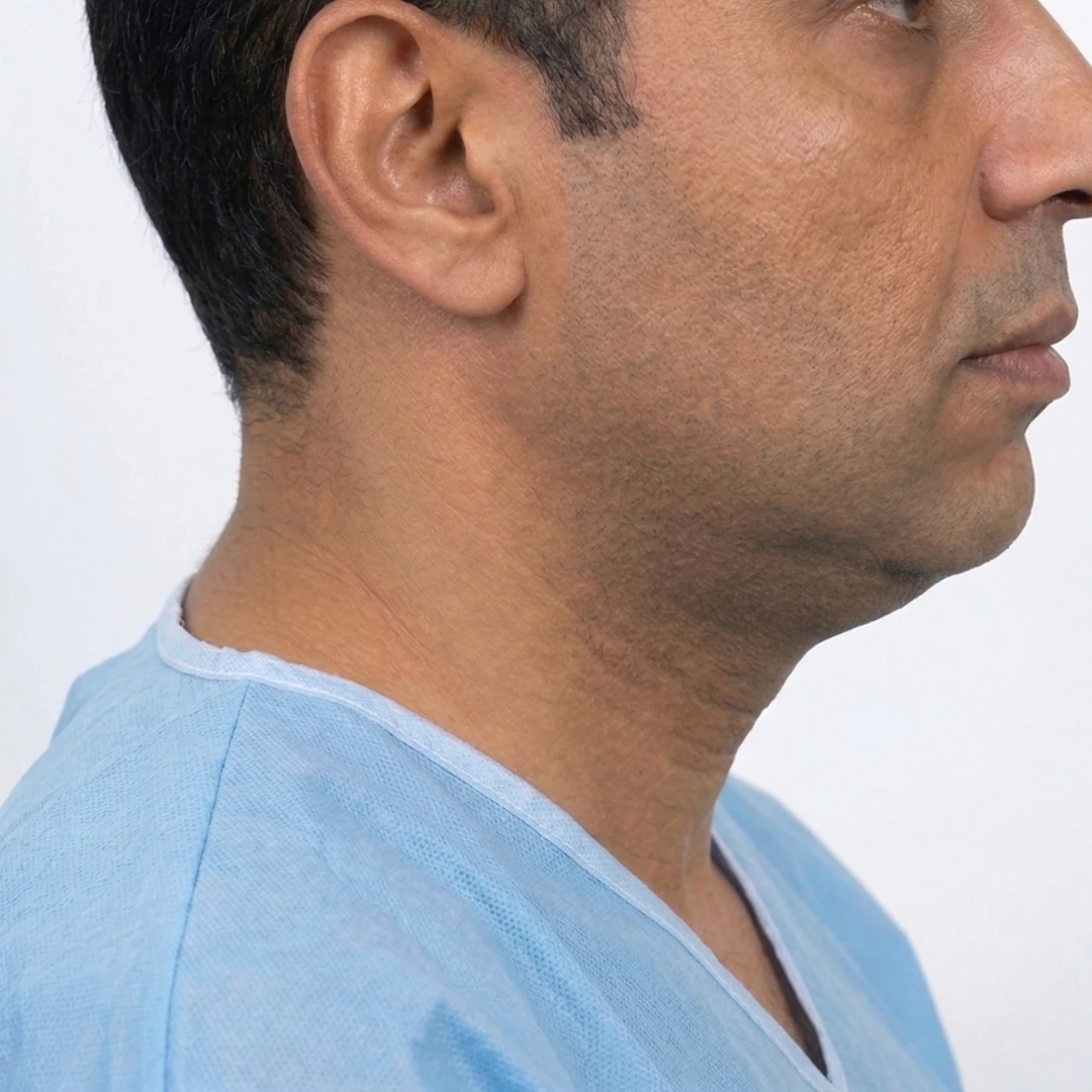 Side profile of a male patient showing a receding chin and lack of jawline definition before surgery at Dina Elite clinic in Egypt 