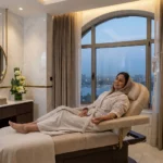 سيدة تستمتع بتجربة التجميل الفاخر في القاهرة داخل مركز دينا إيليت، تظهر وهي تسترخي في عيادة تطل على النيل أثناء خضوعها لجلسة محاليل وريدية (IV Drip) لتعزيز النضارة 