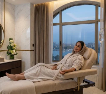 سيدة تستمتع بتجربة التجميل الفاخر في القاهرة داخل مركز دينا إيليت، تظهر وهي تسترخي في عيادة تطل على النيل أثناء خضوعها لجلسة محاليل وريدية (IV Drip) لتعزيز النضارة 
