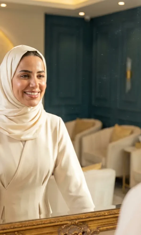 سيدة سعودية أنيقة تنظر بمرآة وتعكس نتائج التجميل المبهرة والخصوصية في مركز دينا إيليت بمصر 