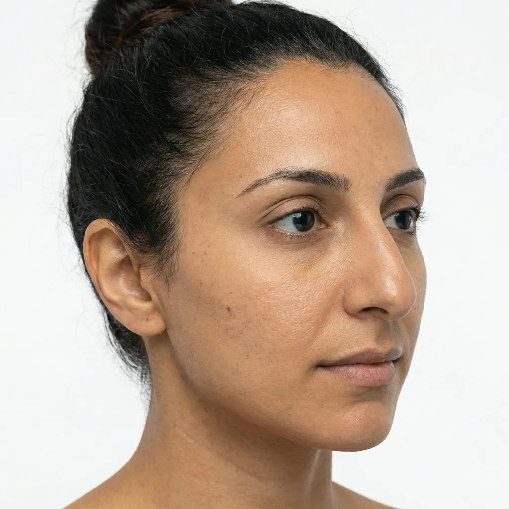Profile view clinical photograph of a patient with a visible dorsal hump and drooping nasal tip before non surgical rhinoplasty with fillers at Maraya Clinic, Cairo  Baseline assessment by Dr  Dina Khalil 