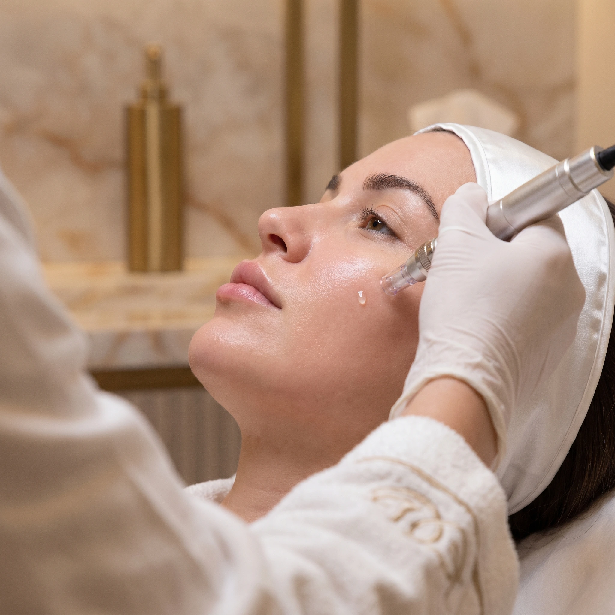 طبيبة مختصة تقوم بحقن تقنية بروفايلو (Profhilo) لإعادة الترميم الحيوي وشد البشرة في عيادة دينا إيليت بالقاهرة 