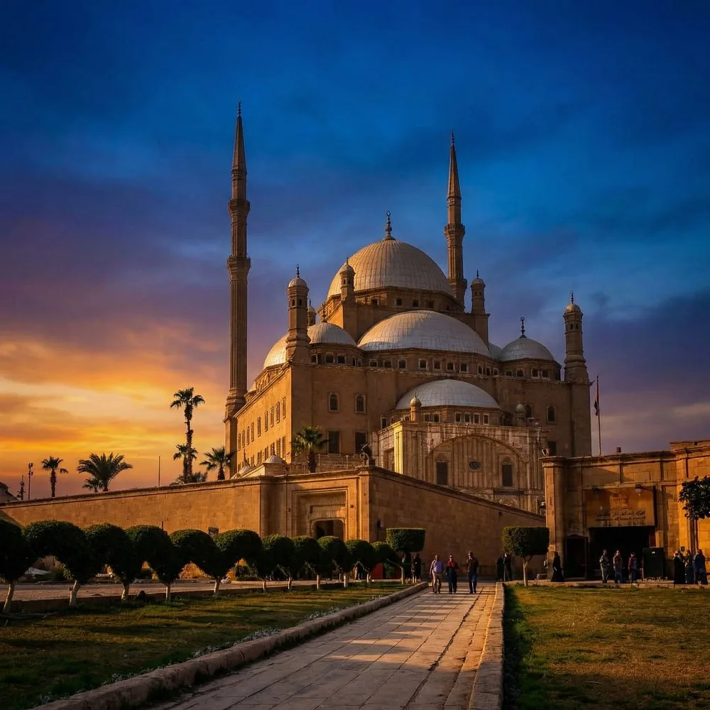 Sunset at the Citadel of Saladin and Mosque of Muhammad Ali in Old Cairo, a spiritual healing landmark for Dina Elite luxury medical tourism and concierge guests from Saudi Arabia, United Arab Emirates, Qatar, Kuwait, Bahrain, Oman, Jordan, Iraq, Lebanon, Libya, Palestine, Yemen, Syria, Sudan, Morocco, Algeria, Tunisia, Mauritania, Djibouti, Somalia, and Comoros 