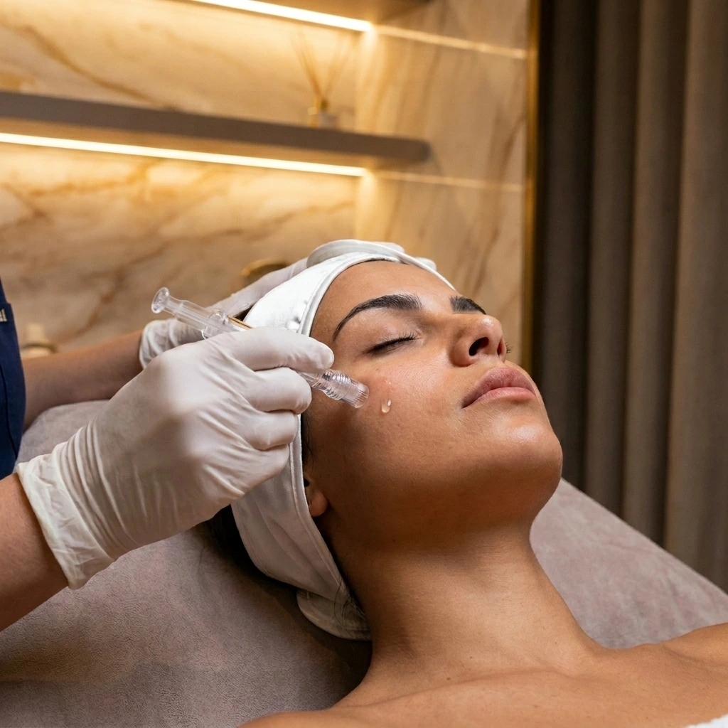 طبيبة جلدية تقوم بحقن إبر النضارة والترطيب العميق لتعزيز توهج البشرة في عيادة دينا إيليت بالقاهرة 