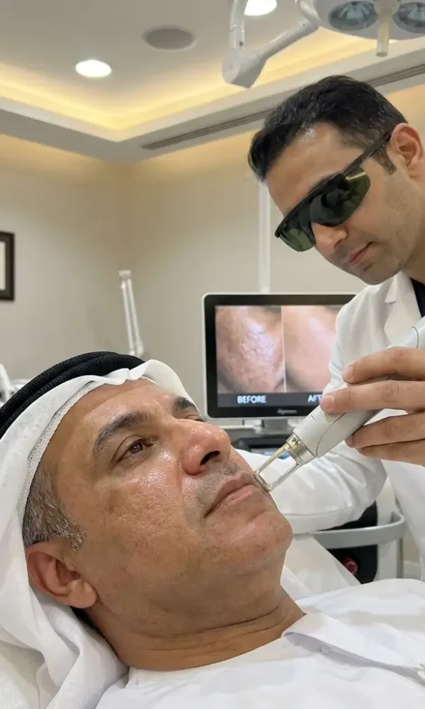 طبيب جلدية يستخدم جهاز الليزر لـ العناية ببشرة الرجال الخليجيين وتجديد شباب المظهر في عيادة مرايا كلينك بمصر 