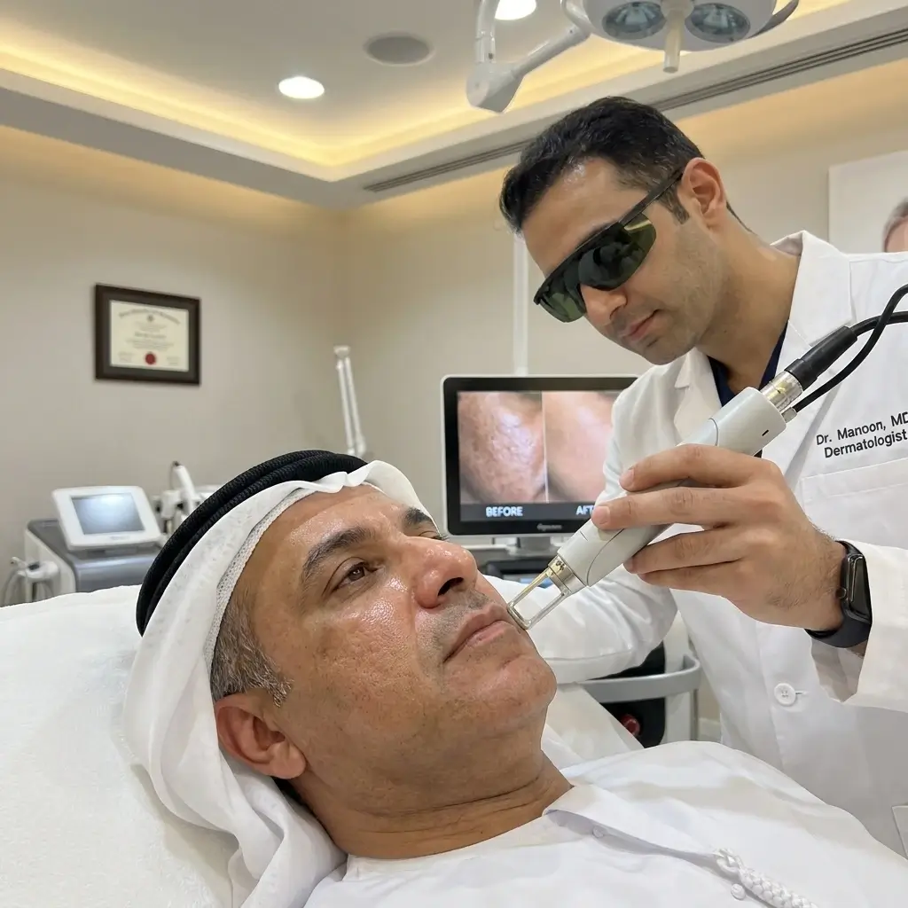 طبيب جلدية يستخدم جهاز الليزر لـ العناية ببشرة الرجال الخليجيين وتجديد شباب المظهر في عيادة مرايا كلينك بمصر 