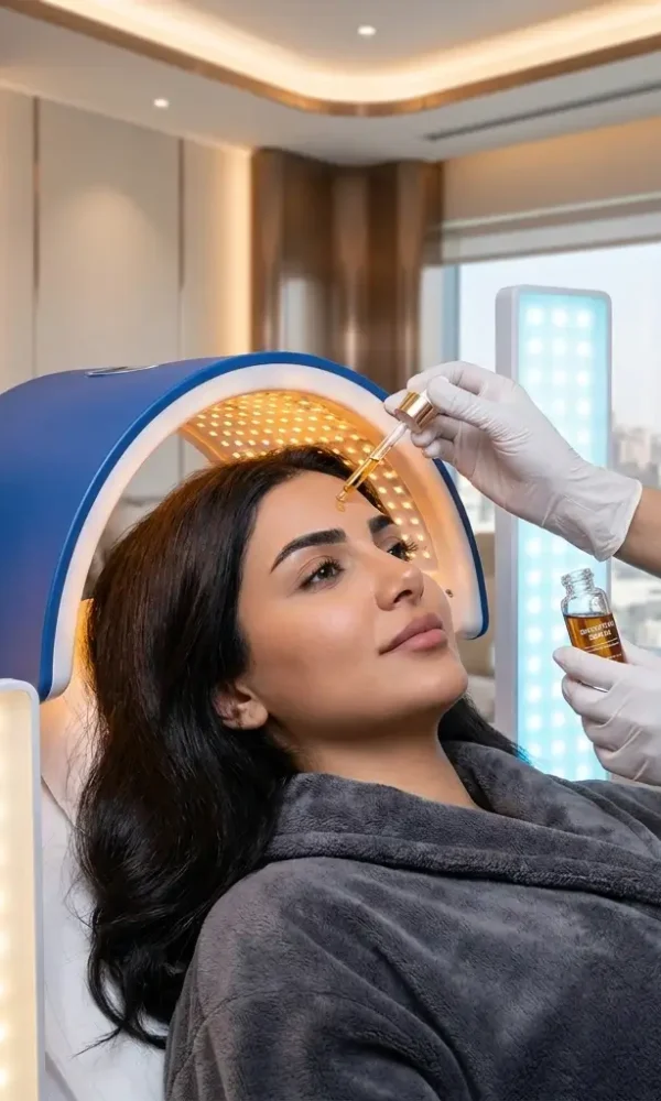 سيدة تتلقى الخطة العلاجية المتكاملة لشد ترهلات الجسم وتغذية البصيلات مع المحاليل الوريدية في عيادة مرايا كلينك بالقاهرة بإشراف الدكتورة دينا خليل 
