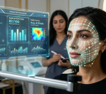 فحص رقمي للبشرة قبل جلسات التقشير الكيميائي لمريضة سعودية في عيادة تجميل بمصر
