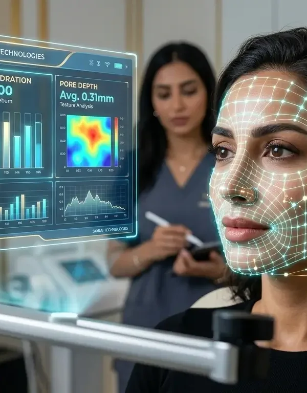 فحص رقمي للبشرة قبل جلسات التقشير الكيميائي لمريضة سعودية في عيادة تجميل بمصر