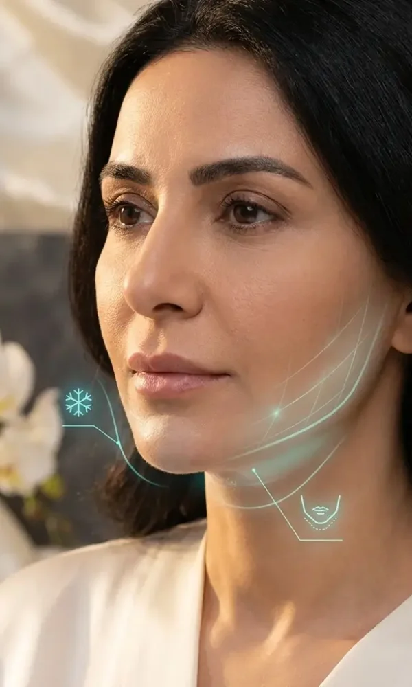سيدة سعودية تخضع لجلسة علاج الذقن المزدوج بالتبريد (CoolSculpting) لنحت الفك في عيادة مرايا كلينك بالقاهرة مع الدكتورة دينا خليل 