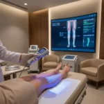 الدكتورة دينا خليل تقوم بتحليل تقوس الساقين ونحافة السمانة لمريضة في عيادة مرايا كلينك بالقاهرة باستخدام تقنيات المسح الرقمي 