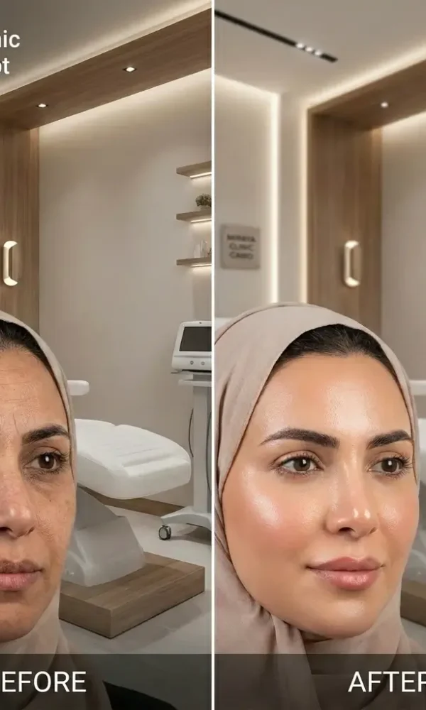 مقارنة دقيقة توضح نتائج وتجارب النخبة الحقيقية قبل وبعد جلسات الترميم الحيوي للبشرة لعميلة من السعودية في عيادة مرايا كلينك بالقاهرة