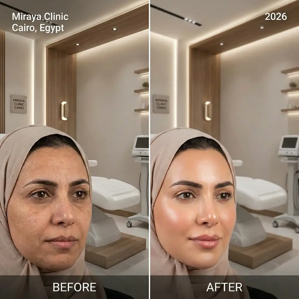 مقارنة دقيقة توضح نتائج وتجارب النخبة الحقيقية قبل وبعد جلسات الترميم الحيوي للبشرة لعميلة من السعودية في عيادة مرايا كلينك بالقاهرة