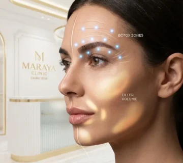 مخطط توضيحي يبرز الفرق ومناطق حقن البوتوكس والفيلر في مصر على وجه امرأة داخل عيادة مرايا كلينيك القاهرة 