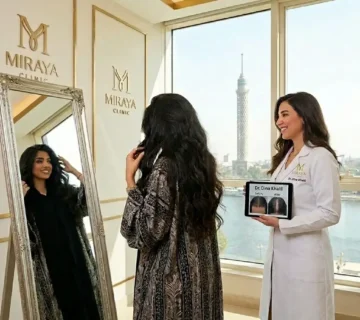 عميلة خليجية تتأمل الكثافة الاستثنائية لشعرها أمام المرآة بعد إنبات الفراغات مع الدكتورة دينا خليل في عيادة مرايا كلينيك بالقاهرة 