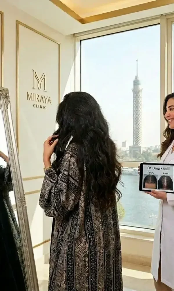 عميلة خليجية تتأمل الكثافة الاستثنائية لشعرها أمام المرآة بعد إنبات الفراغات مع الدكتورة دينا خليل في عيادة مرايا كلينيك بالقاهرة