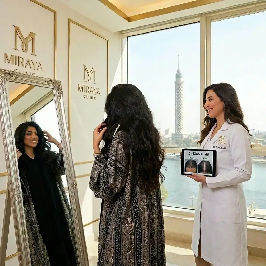 عميلة خليجية تتأمل الكثافة الاستثنائية لشعرها أمام المرآة بعد إنبات الفراغات مع الدكتورة دينا خليل في عيادة مرايا كلينيك بالقاهرة 