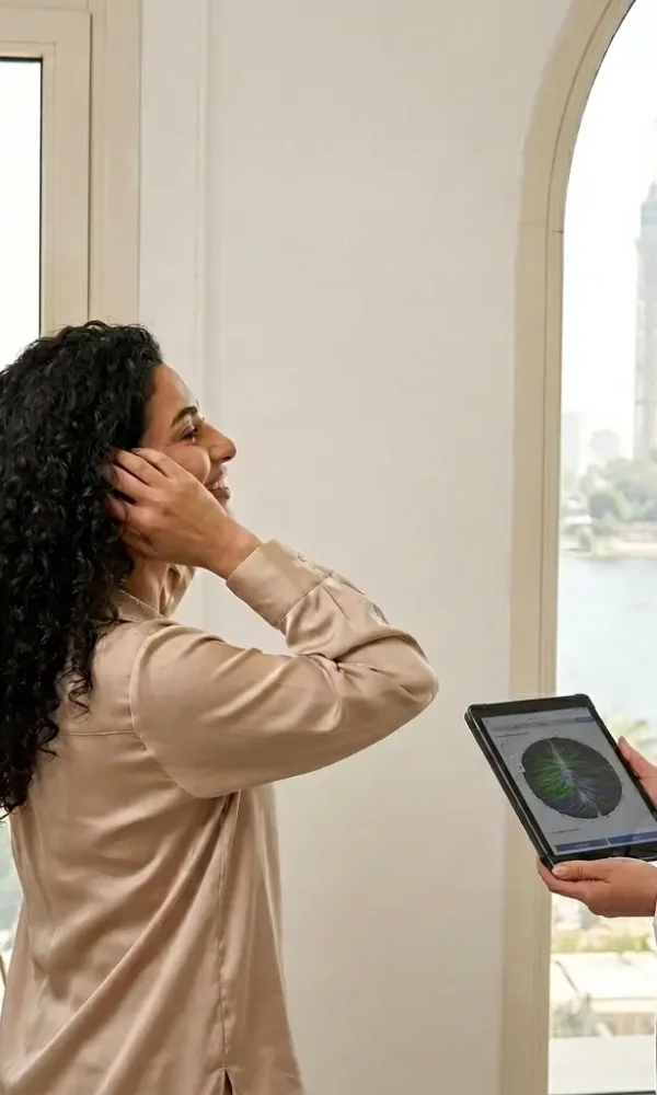عميلة تتأمل كثافة ولمعان شعرها أمام المرآة بعد تطبيق تقنيات الشعر غير الجراحية المتطورة لعام 2026 مع الطبيبة في عيادة مرايا كلينك بالقاهرة 