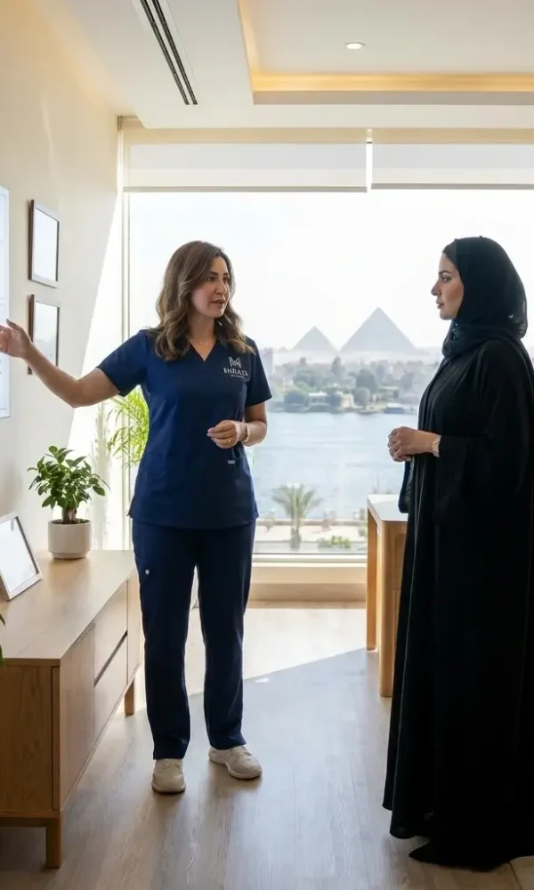 الدكتورة دينا خليل تشرح آلية عمل أمبولات الإكسوزوم لعام 2026 لعميلة من السعودية ضمن أحدث ابتكارات العناية بالبشرة في عيادة مرايا كلينك بالقاهرة