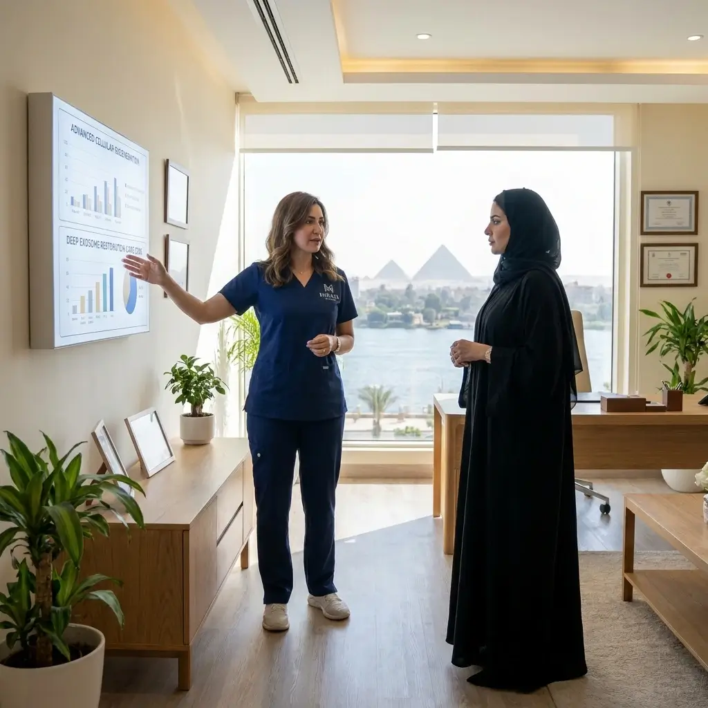 الدكتورة دينا خليل تشرح آلية عمل أمبولات الإكسوزوم لعام 2026 لعميلة من السعودية ضمن أحدث ابتكارات العناية بالبشرة في عيادة مرايا كلينك بالقاهرة 