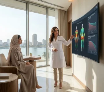 الدكتورة دينا خليل تشرح آلية فحص توزيع الدهون ومحاكاة تفتيتها لعام 2026 لعميلة من السعودية ضمن بروتوكول نحت القوام غير الجراحي الفاخر في عيادة مرايا كلينك بالقاهرة 