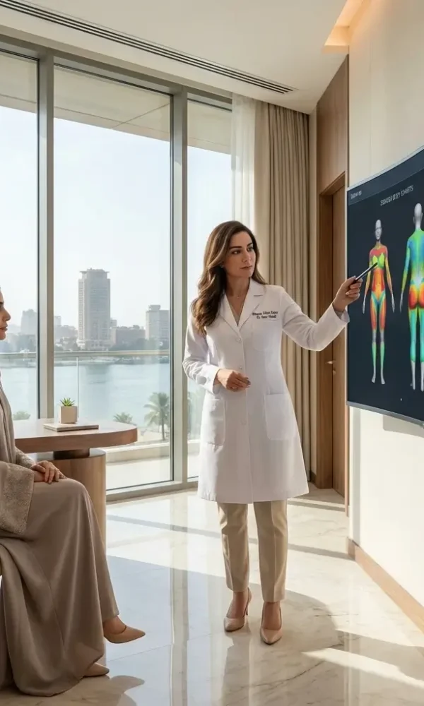الدكتورة دينا خليل تشرح آلية فحص توزيع الدهون ومحاكاة تفتيتها لعام 2026 لعميلة من السعودية ضمن بروتوكول نحت القوام غير الجراحي الفاخر في عيادة مرايا كلينك بالقاهرة 