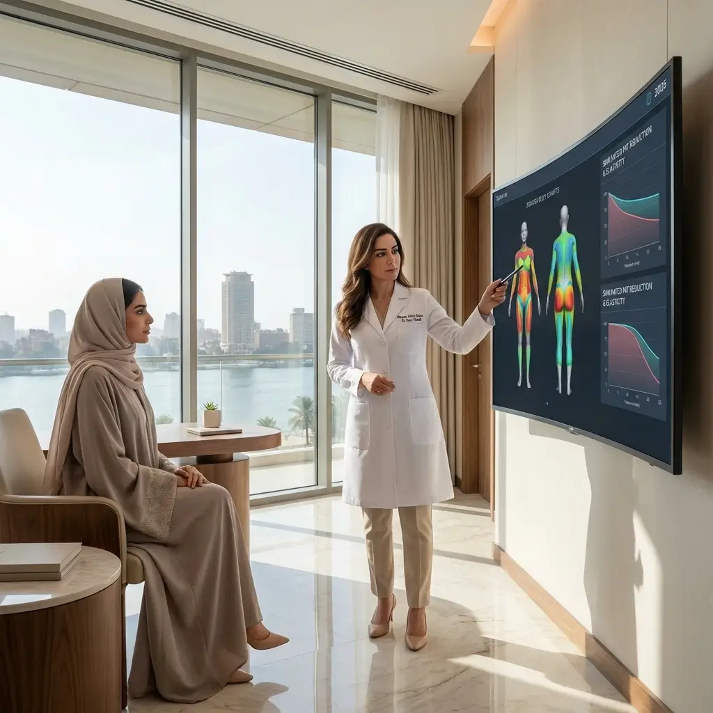 الدكتورة دينا خليل تشرح آلية فحص توزيع الدهون ومحاكاة تفتيتها لعام 2026 لعميلة من السعودية ضمن بروتوكول نحت القوام غير الجراحي الفاخر في عيادة مرايا كلينك بالقاهرة 