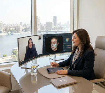 الدكتورة دينا خليل تقدم الاستشارة الطبية الافتراضية الفاخرة لعميلة من السعودية عبر شاشات التحليل الرقمي لعام 2026 في عيادة مرايا كلينك بالقاهرة 