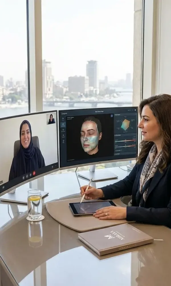 الدكتورة دينا خليل تقدم الاستشارة الطبية الافتراضية الفاخرة لعميلة من السعودية عبر شاشات التحليل الرقمي لعام 2026 في عيادة مرايا كلينك بالقاهرة 
