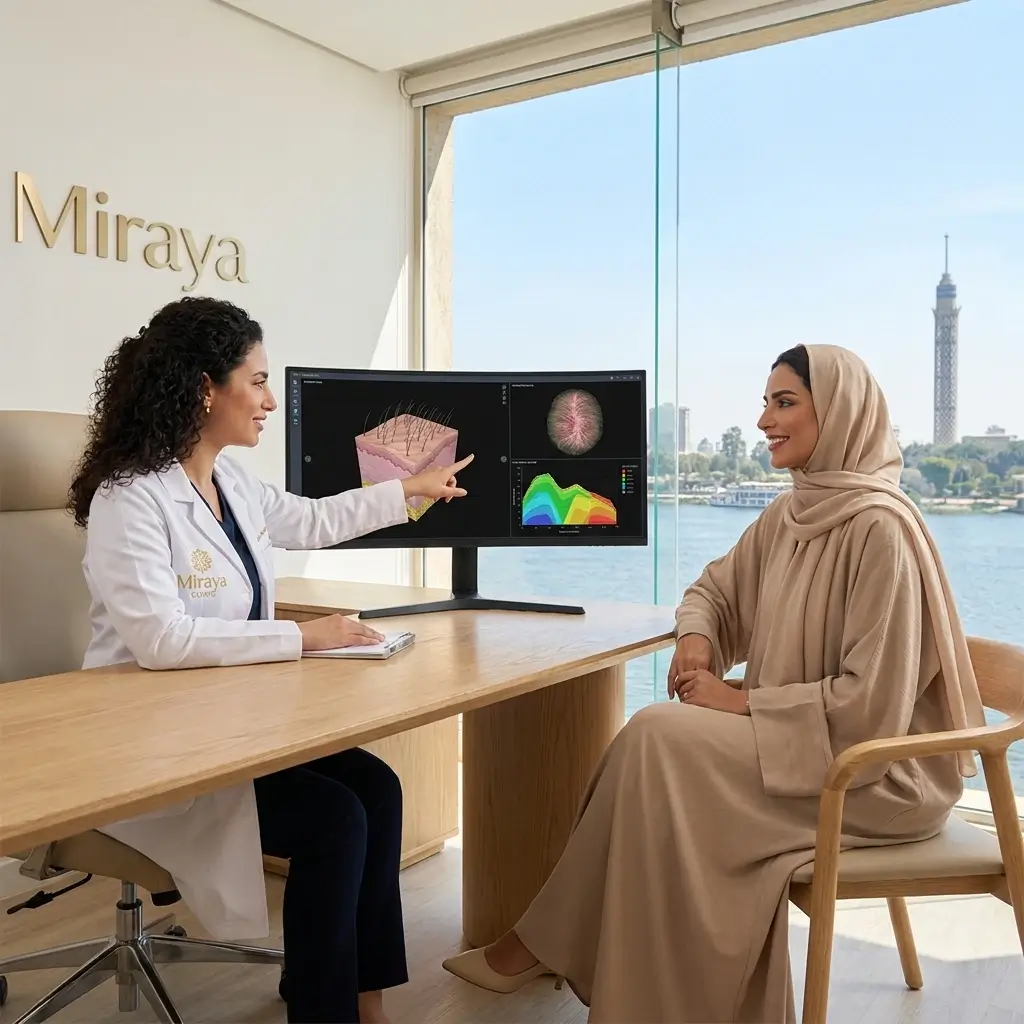 الدكتورة دينا خليل تشرح الخريطة الحيوية وتحليل بصيلات الفروة لعميلة سعودية ضمن بروتوكول كيف تحافظين على كثافة شعرك مدى الحياة في عيادة مرايا كلينيك بالقاهرة  [الملف الشخصي للمستخدم: 1]