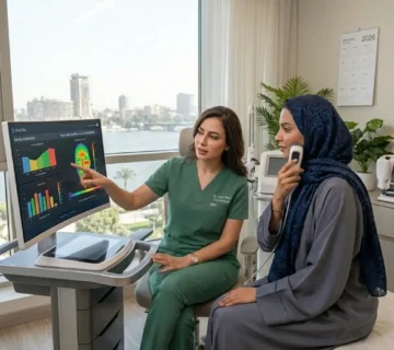 لدكتورة دينا خليل تجري فحصاً رقمياً مفرداً لتحليل طبقات النسيج قبل تطبيق تقنيات الترميم الحيوي للبشرة لعميلة من السعودية في عيادة مرايا كلينك بالقاهر