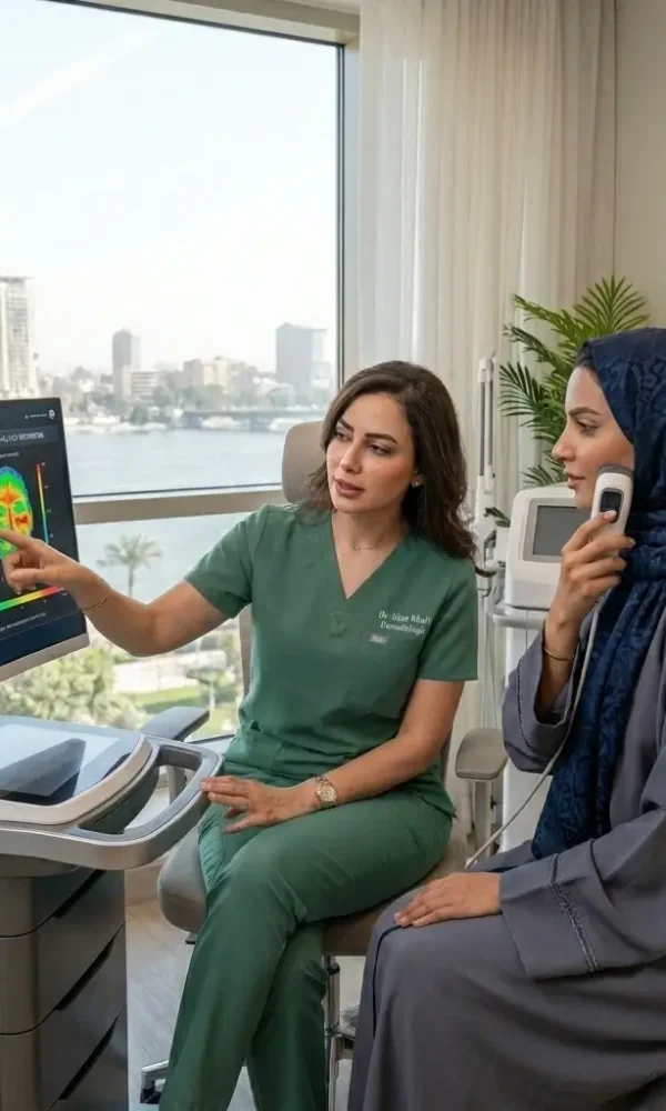لدكتورة دينا خليل تجري فحصاً رقمياً مفرداً لتحليل طبقات النسيج قبل تطبيق تقنيات الترميم الحيوي للبشرة لعميلة من السعودية في عيادة مرايا كلينك بالقاهر