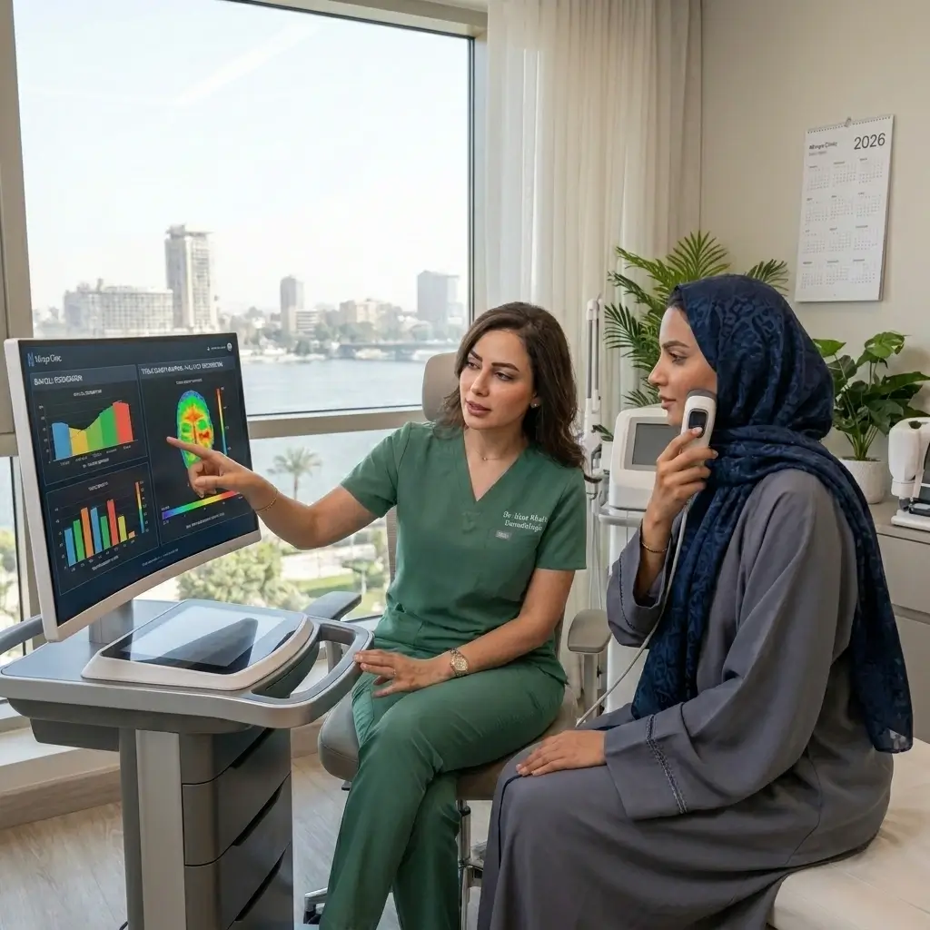 لدكتورة دينا خليل تجري فحصاً رقمياً مفرداً لتحليل طبقات النسيج قبل تطبيق تقنيات الترميم الحيوي للبشرة لعميلة من السعودية في عيادة مرايا كلينك بالقاهر