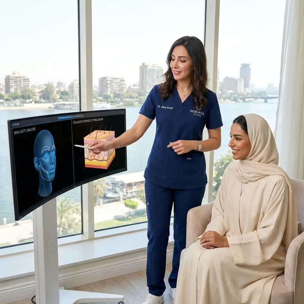 الدكتورة دينا خليل تشرح نتائج الإجراءات المتعددة الفاخرة وتحليل مرونة الجلد لعميلة سعودية في عيادة مرايا كلينيك بالقاهرة  [User Summary]