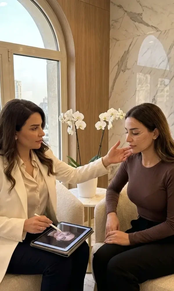 الدكتورة دينا خليل تجري فحصاً وتخطيطاً طبياً للوجه لعميلة سعودية قبل حقن الفيلر في مرايا كلينيك القاهرة 