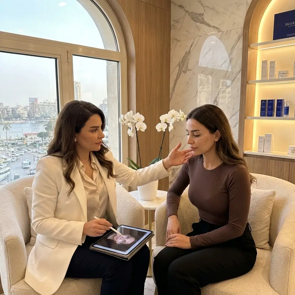الدكتورة دينا خليل تجري فحصاً وتخطيطاً طبياً للوجه لعميلة سعودية قبل حقن الفيلر في مرايا كلينيك القاهرة 