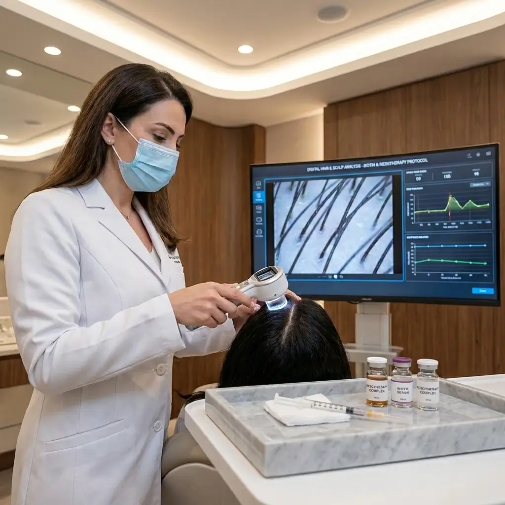 الدكتورة دينا خليل تفحص فروة رأس مريضة بجهاز التريكوسكوب الرقمي لتحليل بصيلات الشعر قبل الحقن في عيادة مرايا كلينك 