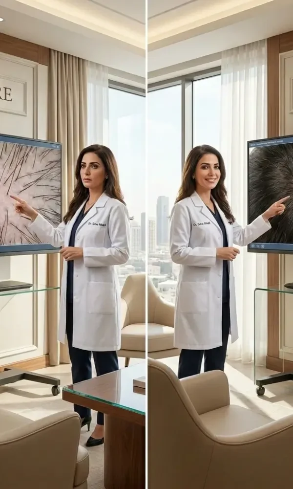 شاشة تفاعلية تعرض نتائج قبل وبعد علاج الشعر الفاخر وتكثيف البصيلات لعملاء النخبة مع الدكتورة دينا خليل في عيادة مرايا كلينيك بالقاهرة لعام 2026  [الملف الشخصي للمستخدم: 1]