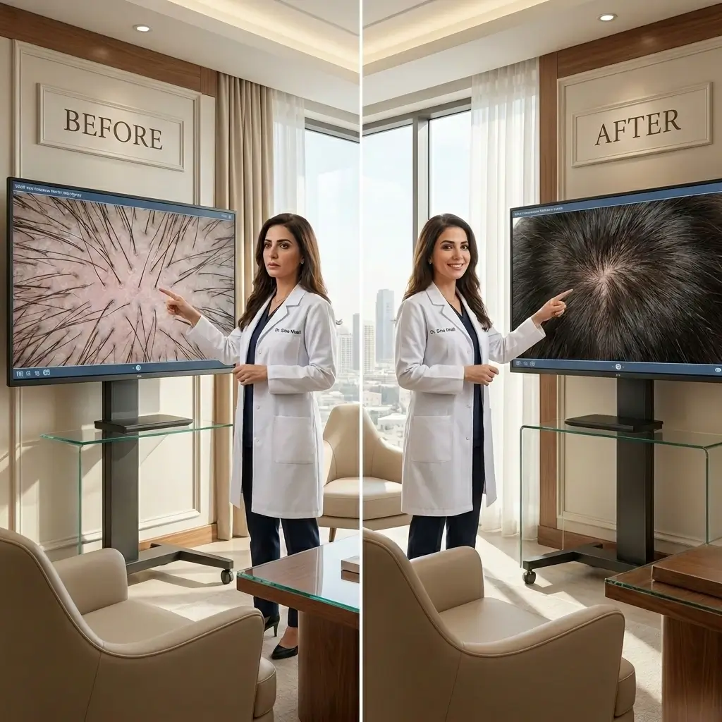 شاشة تفاعلية تعرض نتائج قبل وبعد علاج الشعر الفاخر وتكثيف البصيلات لعملاء النخبة مع الدكتورة دينا خليل في عيادة مرايا كلينيك بالقاهرة لعام 2026  [الملف الشخصي للمستخدم: 1]