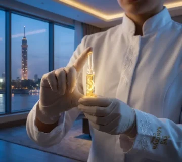 طبيبة جلدية في عيادة مرايا كلينك تمسك بأمبولة إكسوزوم ذهبية متوهجة لعلاج تساقط الشعر في القاهرة مع إطلالة على برج القاهرة 