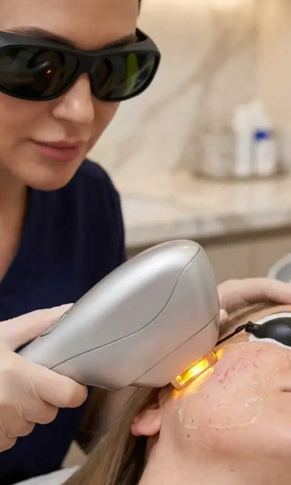 طبيبة جلدية تطبق جهاز الوميض الضوئي المكثف IPL لعلاج عيوب البشرة والأوعية الدموية الظاهرة لعميلة في عيادة مرايا كلينيك بالقاهرة 
