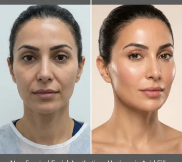 مقارنة قبل وبعد حقن فيلر الوجه الراقي بحمض الهيالورونيك اسيد لإعادة تحديد الفك ونضارة البشرة لعملاء السعودية في عيادة مرايا كلينك بالقاهرة 