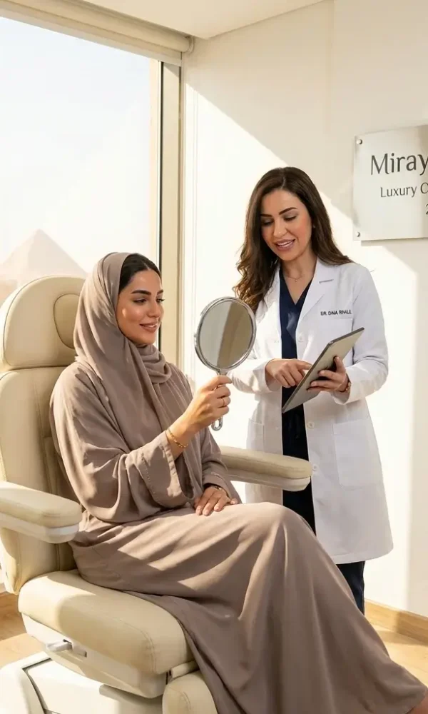عميلة من السعودية تتأمل نضارة وحيوية بشرتها وشعرها بعد الانتهاء من باقات العناية الشاملة والفخامة في عيادة مرايا كلينك بالقاهرة 