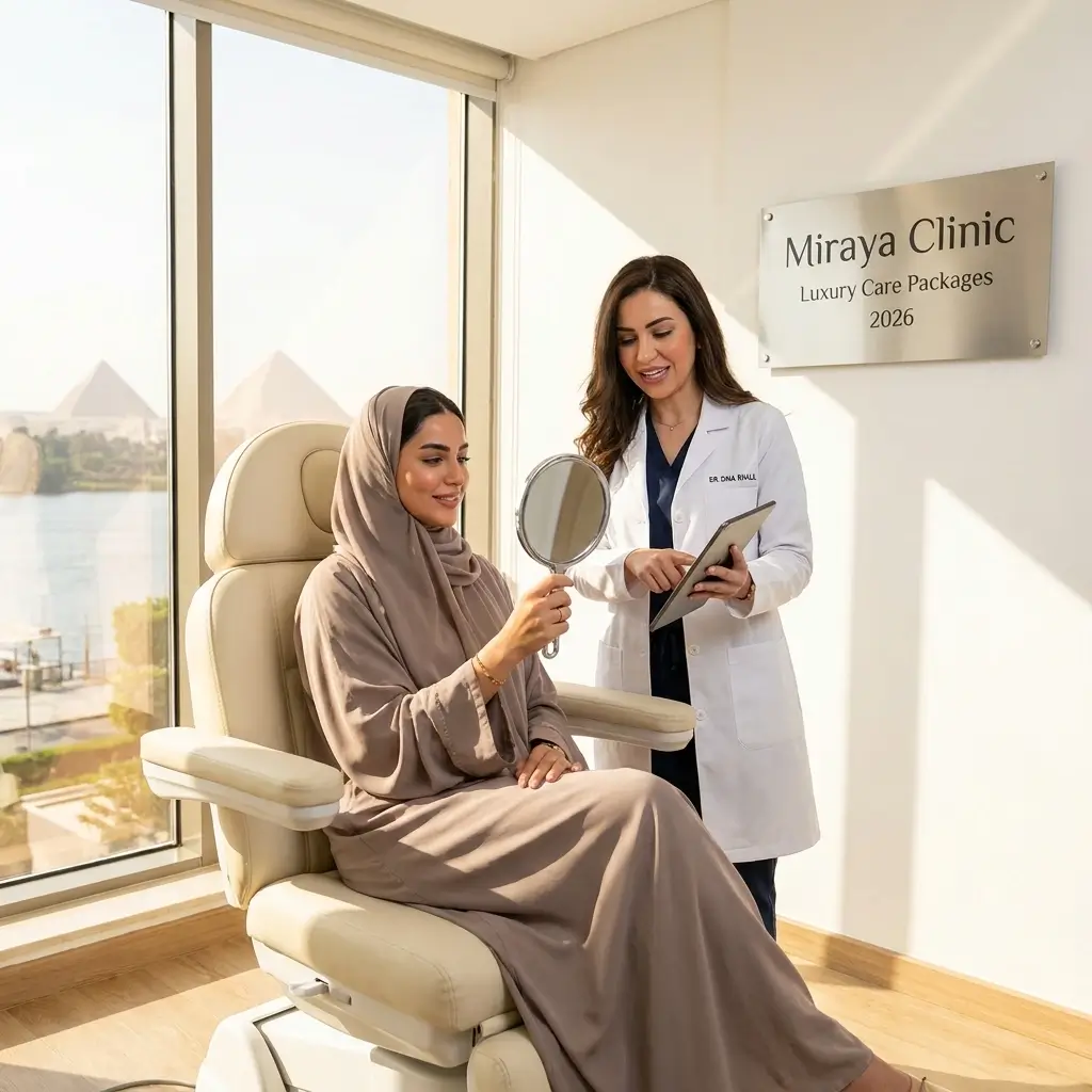 عميلة من السعودية تتأمل نضارة وحيوية بشرتها وشعرها بعد الانتهاء من باقات العناية الشاملة والفخامة في عيادة مرايا كلينك بالقاهرة 