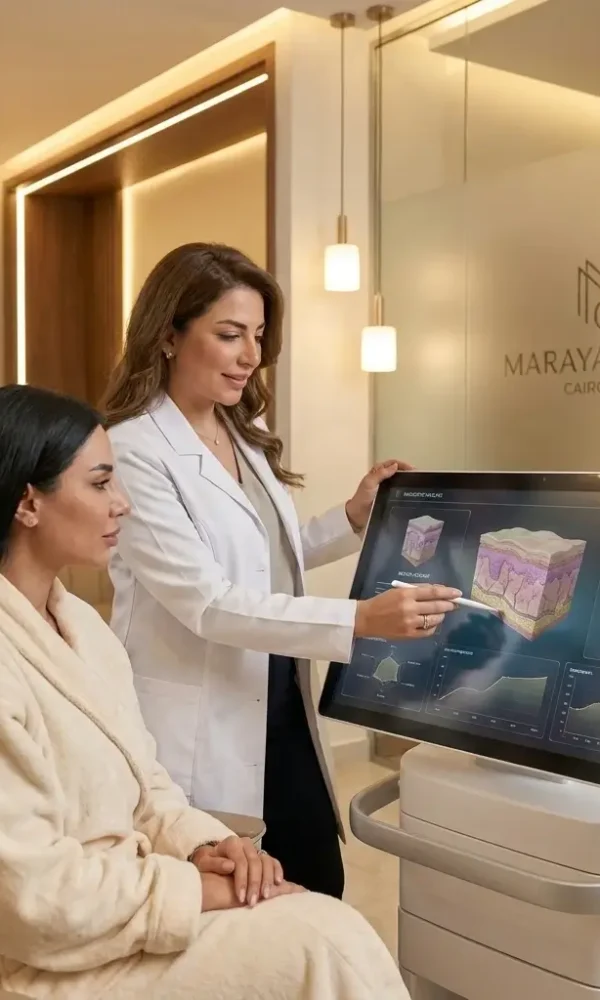 طبيبة تشرح لعميلة سعودية الطرق الطبية المعتمدة عالمياً للتخلص من آثار الأدوية الكيميائية على صحة ونضارة الجلد والشعر عبر شاشة تشخيص خلوي رقمي في مرايا كلينيك القاهرة 