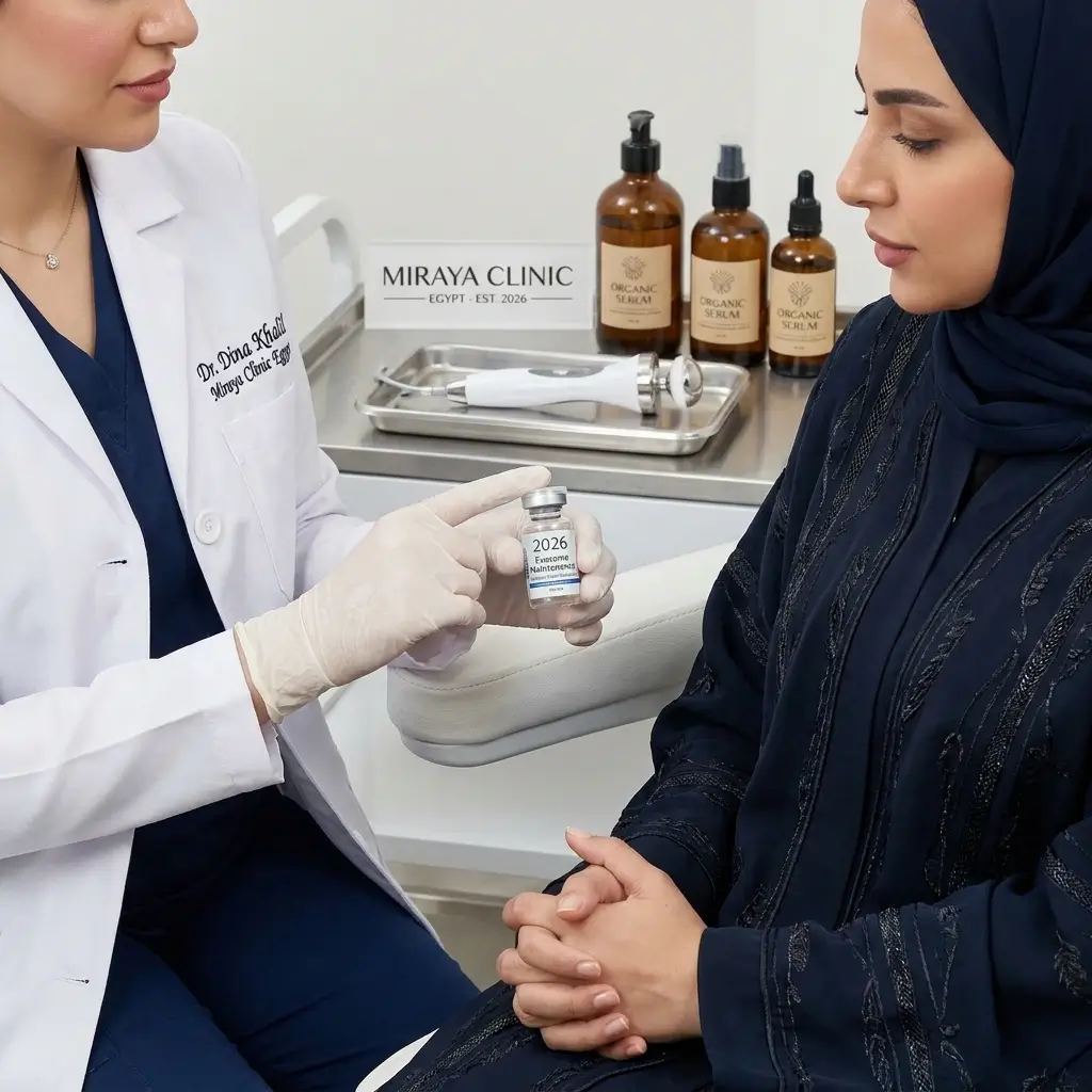 الدكتورة دينا خليل تقدم عبوة مصل الإكسوزوم الفاخر لعميلة من السعودية ضمن برنامج كيف تحافظ على نتائج التجميل الفاخر مدى الحياة في عيادة مرايا كلينك بالقاهرة