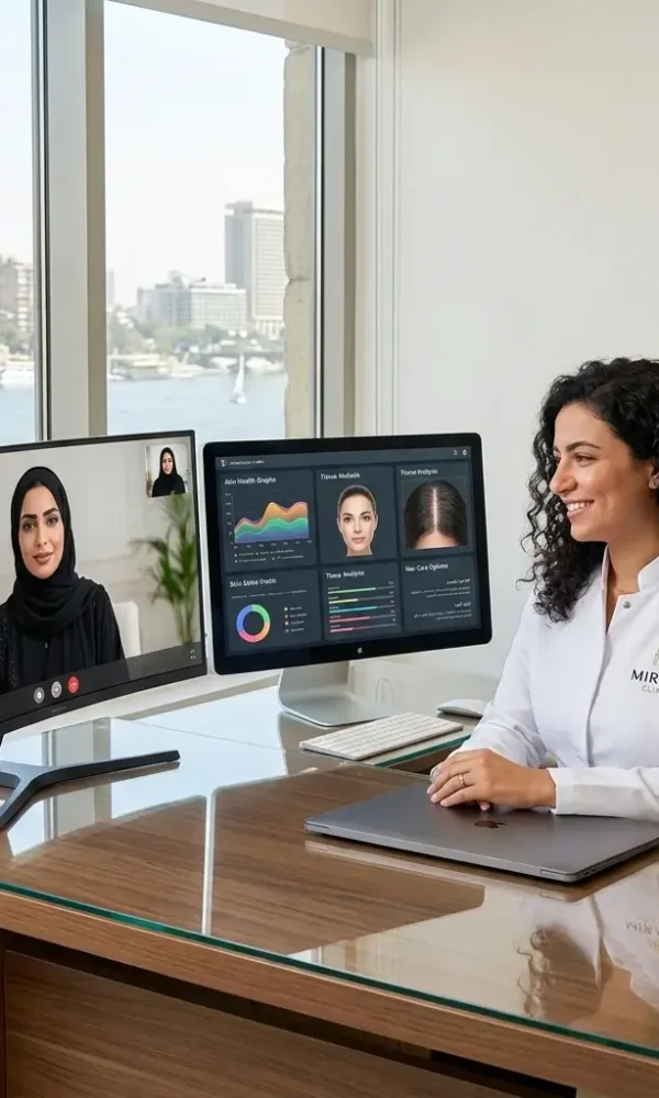 الدكتورة دينا خليل تستخدم الشاشات الرقمية المتقدمة لشرح تفاصيل تجربة التميز الطبي في مرايا كلينيك لعميلة من السعودية عبر الاستشارة الافتراضية 