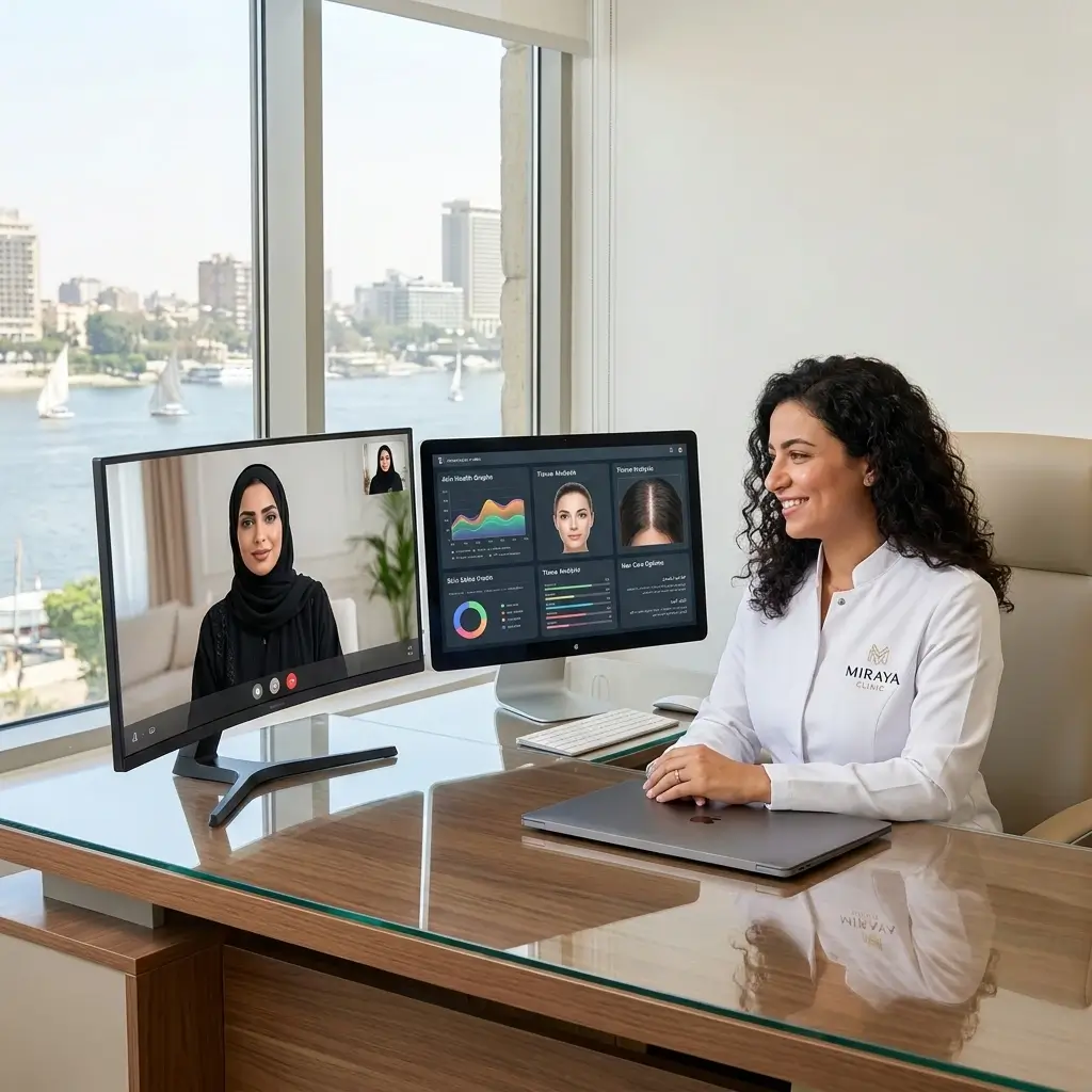 الدكتورة دينا خليل تستخدم الشاشات الرقمية المتقدمة لشرح تفاصيل تجربة التميز الطبي في مرايا كلينيك لعميلة من السعودية عبر الاستشارة الافتراضية 